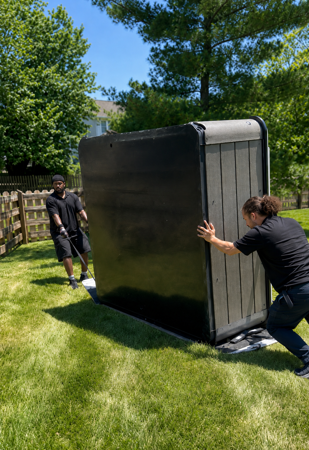 Movers & More crew moving a hot tub across a backyard in Columbus, OH
